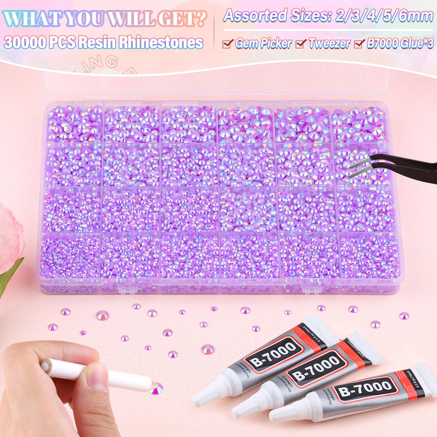 30000Pcs Resin Lavender Purple AB Rhinestones for Bedazzling Crafting with b7000 Jewelry Glue, Bulk Flatback Gems Bedazzler Kit for Crafts Clothes Fabric Nail Diamond Art, Assorted Size 2/3/4/5/6mm-Velvo Beauty