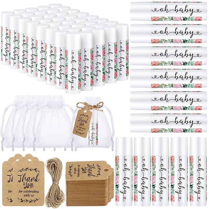 Demissle 50 Pcs Baby Shower Lip Balm Gift Set with 100 Pcs Organza Bags Baby Shower Party Favor for Guest Thank You Tag Rope Baby Shower Party Decoration Gender Reveal Souvenirs(Watercolor Flower)-Velvo Beauty