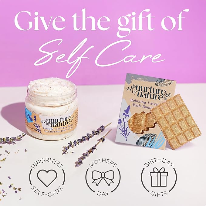 Nurture by Nature RELAX & CALM Spa Kit - Mothers Day Gifts - Spa Gift Baskets For Women, Complete Bath Sets for Women Gift - Lavender Pillow Mist, Bath Salts, Bath Bomb - Self Care Gift Basket-Velvo Beauty