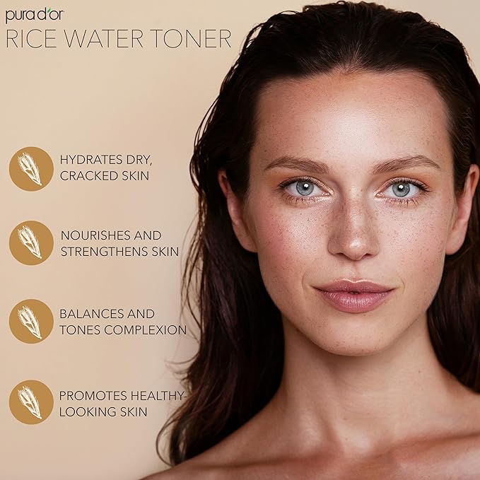 PURA D'OR 3.3 Oz Rice Water Facial Toner - Hydrating, Balancing & Soothing Formula with Natural Extracts - Skin Texture Support for Radiant Skin - Alcohol-Free - Travel Size-Velvo Beauty