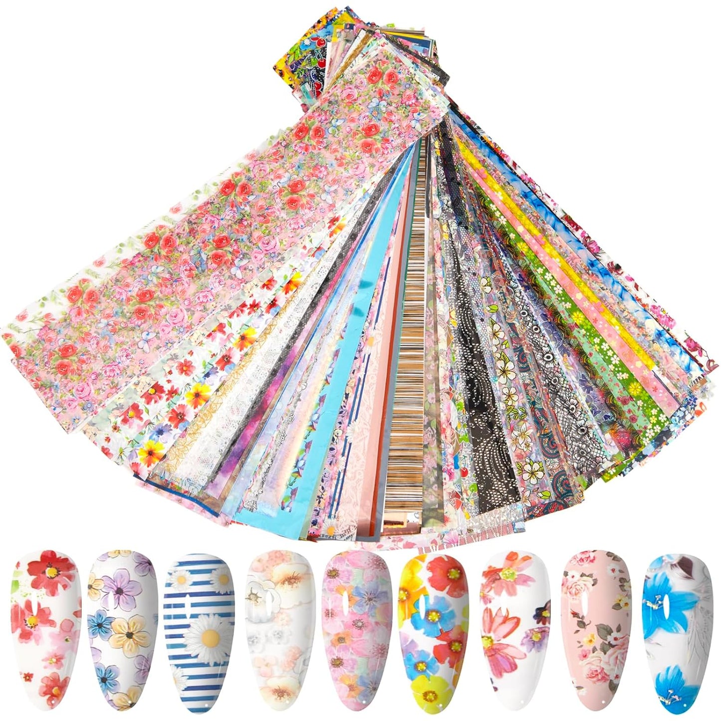 WOKOTO 300 Sheets Nail Foils Transfer Nail Art Holographic Flower Rose Solid Nail Art Foil Sheets, 1 Set for All Various Designs Nail Transfer Foil for Women Girls Nails-Velvo Beauty