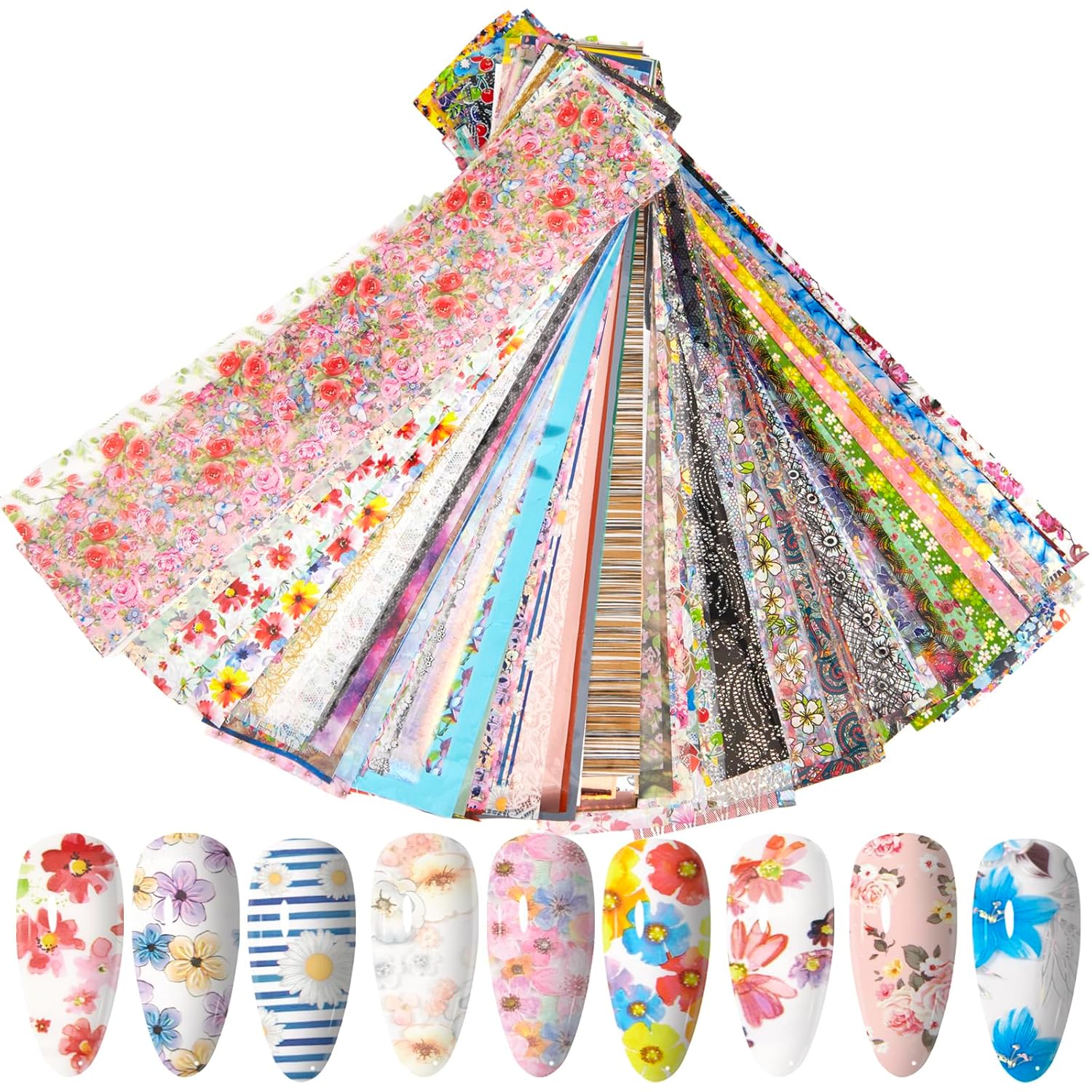 WOKOTO 300 Sheets Nail Foils Transfer Nail Art Holographic Flower Rose Solid Nail Art Foil Sheets, 1 Set for All Various Designs Nail Transfer Foil for Women Girls Nails-Velvo Beauty