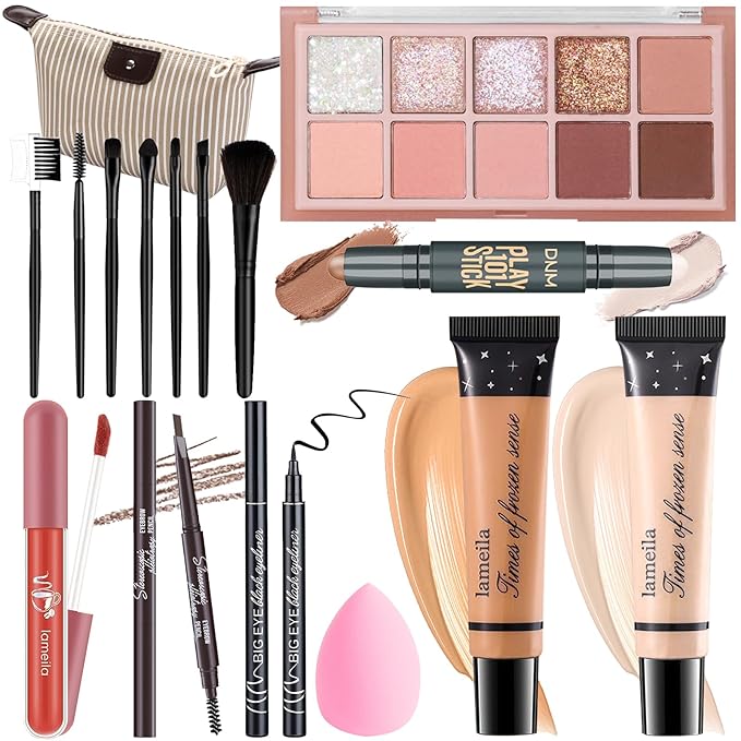 Makeup Kit For Girls Teens Women, Makeup Set, Makeup Present, Includes Eyeshadow Palette, Foundation, Eyebrow Pencil, Eyeliner, Lip Gloss, Counter Stick, Makeup Brush Set Bag & Sponge-Velvo Beauty