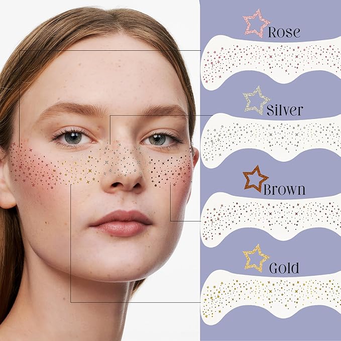 Glitter Freckles Face Tattoo, 10 Pcs Silver Face Glitter Freckles for Women, Festival Outfits for Women Rave Accessories Fake Tattoos, Sparkle Makeup Patches, Waterproof Speckles Patches,Mini Makeup-Velvo Beauty