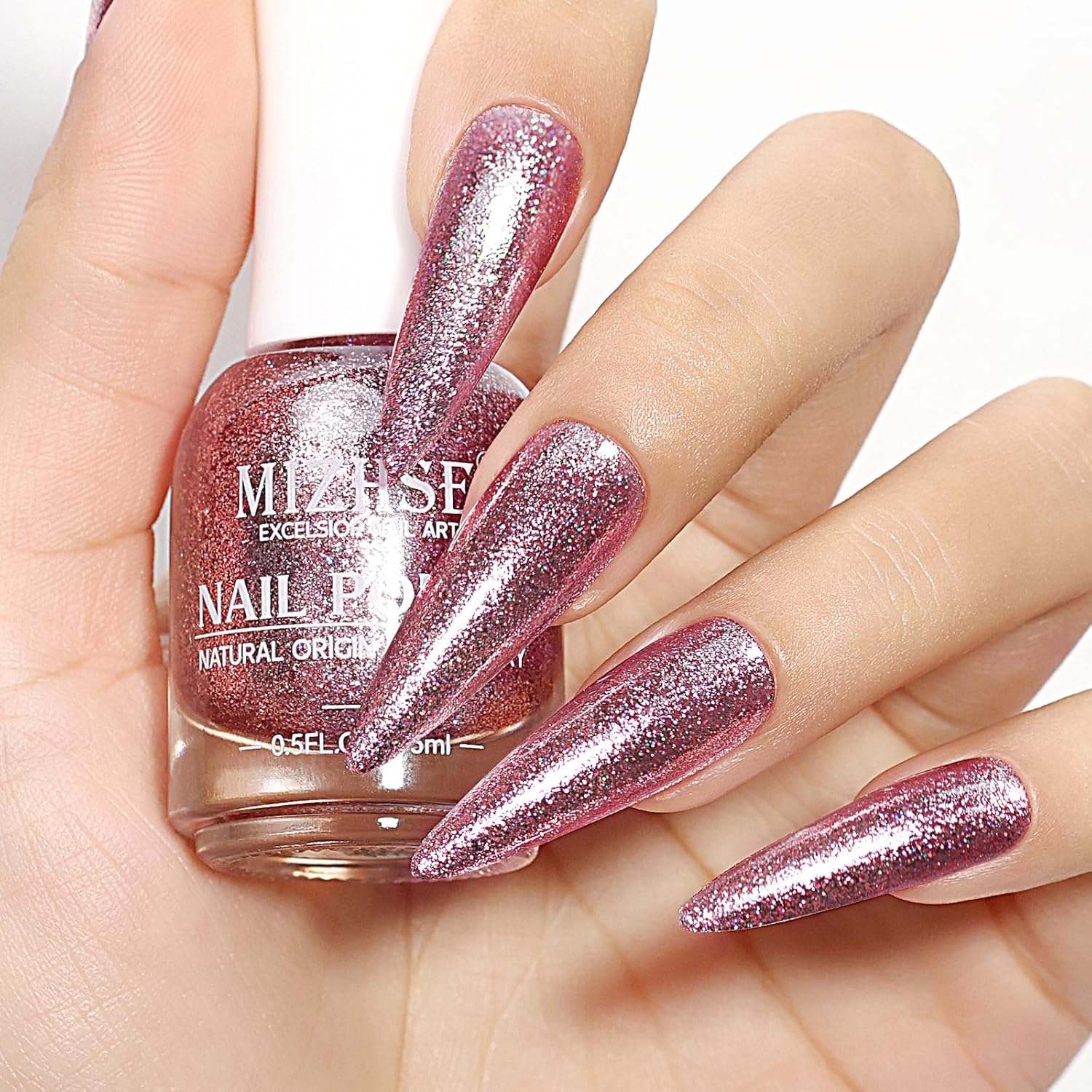MIZHSE Quick Dry Glitter Pink Nail Polish, Shimmery Nail Polish Air Fast Drying, 15ml High Glossy Sparkly Shiny Nail Lacquer Nail Art Salon Manicure Home-Velvo Beauty