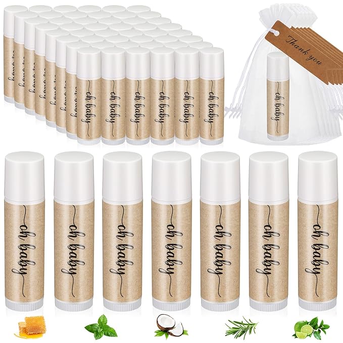 50 Sets Baby Shower Lip Balm Favor with Thank You Tags and Organza Bags, Lip Balm Bulk Baby Shower Gifts for Guests Prizes Gender Reveal Souvenirs Neutral Birthday Supplies-Velvo Beauty