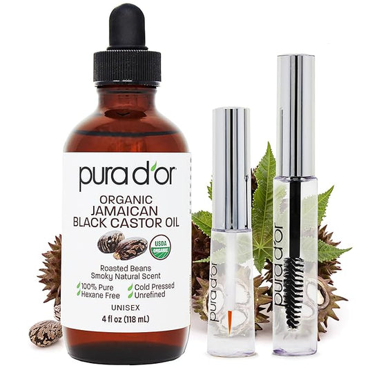 PURA D'OR 4 Oz ORGANIC Jamaican Black Castor Oil - Natural Smoky Scent - w/ 2 BONUS Empty Brushes - 100% Pure USDA Certified Cold Pressed & Roasted, Hexane Free Eyelash & Eyebrow Serum-Velvo Beauty