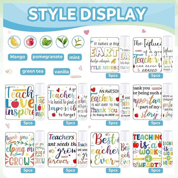 Dunzy 50 Pcs Thank You Gift Lip Balm Bulk Baby Shower Party Favors Bridal Shower Favor Lip Care with Assorted Fruit Flavors Thank You Lipstick for Guest Basket Gift Stuffer (Teacher)-Velvo Beauty