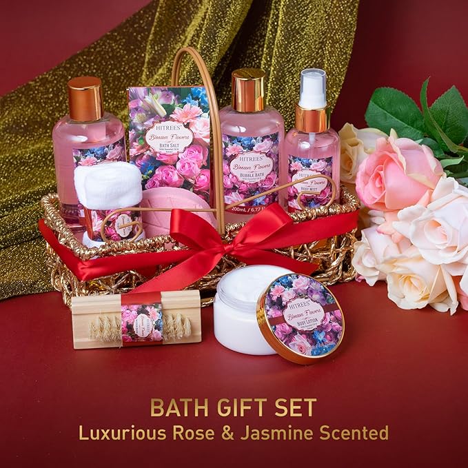 Spa Gift Basket for Women, ROSE & JASMINE Friendship Gifts Women, Tote Bag, Shower Gel, Hand & Body Cream, Hitrees Bath Gift Set for Her, Mom, Mothers Day-Velvo Beauty