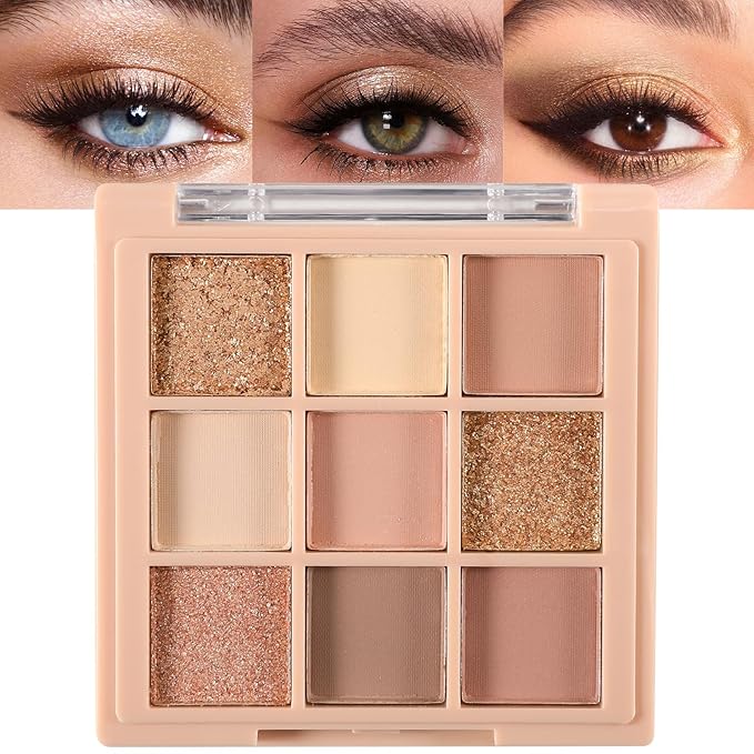 Erinde 9 Colors Eyeshadow Palette, Matte Shimmer Glitter Eye Shadow Makeup Palette, Highly Pigmented Long Lasting Waterproof, Natural Neutral Nude Eyeshadow Makeup Pallet, Oat Milk Tea-Velvo Beauty