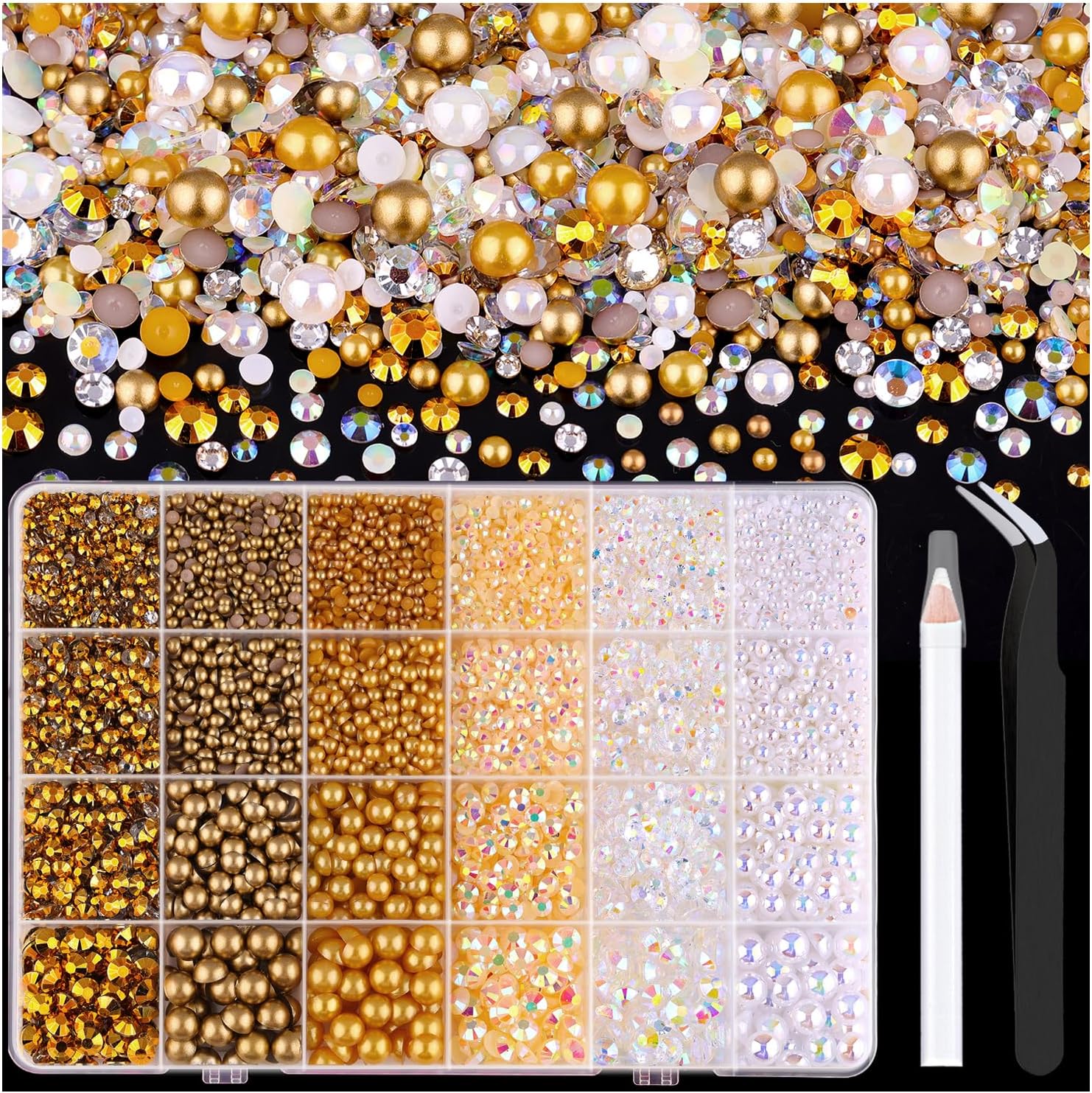 9000PCS Flatback Pearls and Rhinestones for Crafting, White Brown Mixed Size 3-10mm Resin Rhinestones and Half Pearls for Bedazzling, Nail Art and Decoration with Tweezer and Pickup Pencil-Velvo Beauty