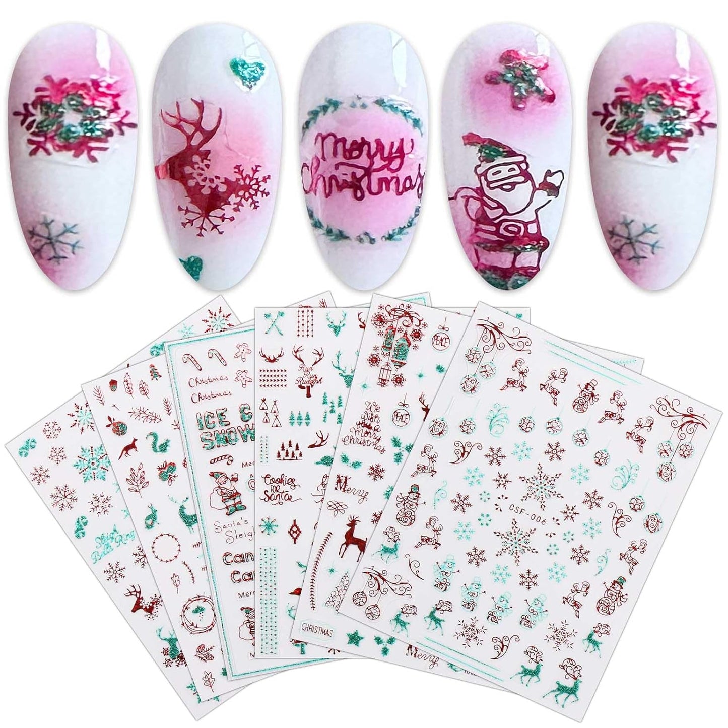 JMEOWIO 9 Sheets Christmas Glitter Nail Art Stickers Decals Self-Adhesive Green Red Snowflake Winter Holiday Nail Supplies Nail Art Design Decoration Accessories-Velvo Beauty