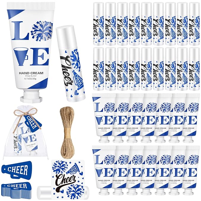 144 Pcs Blue Cheer Favors Natural Bulk Lip Balm and Hand Cream Set, Include 36 Lip Balm 36 Moisturizing Hand Cream 36 Bags 36 Card and Rope cheer accessories for Team Sports Party Supplies-Velvo Beauty