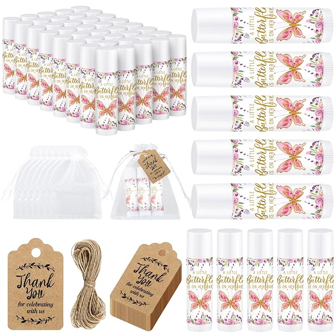 Demissle 50 Pcs Baby Shower Lip Balm Gift Set with 100 Pcs Organza Bags Baby Shower Party Favor for Guest Thank You Tag Rope Baby Shower Party Decoration Gender Reveal Souvenirs (Butterfly)-Velvo Beauty