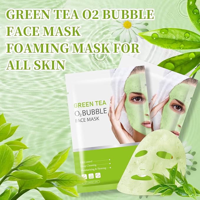 10 Sheets Face Masks Skincare O2 Bubble Green Tea Face Mask, Cleaner Bubble Sheet Masks Foaming Purifying Facial Mask for Pores, Moisturizing Spa Face Masks Skin Care For All Skin Type-Velvo Beauty