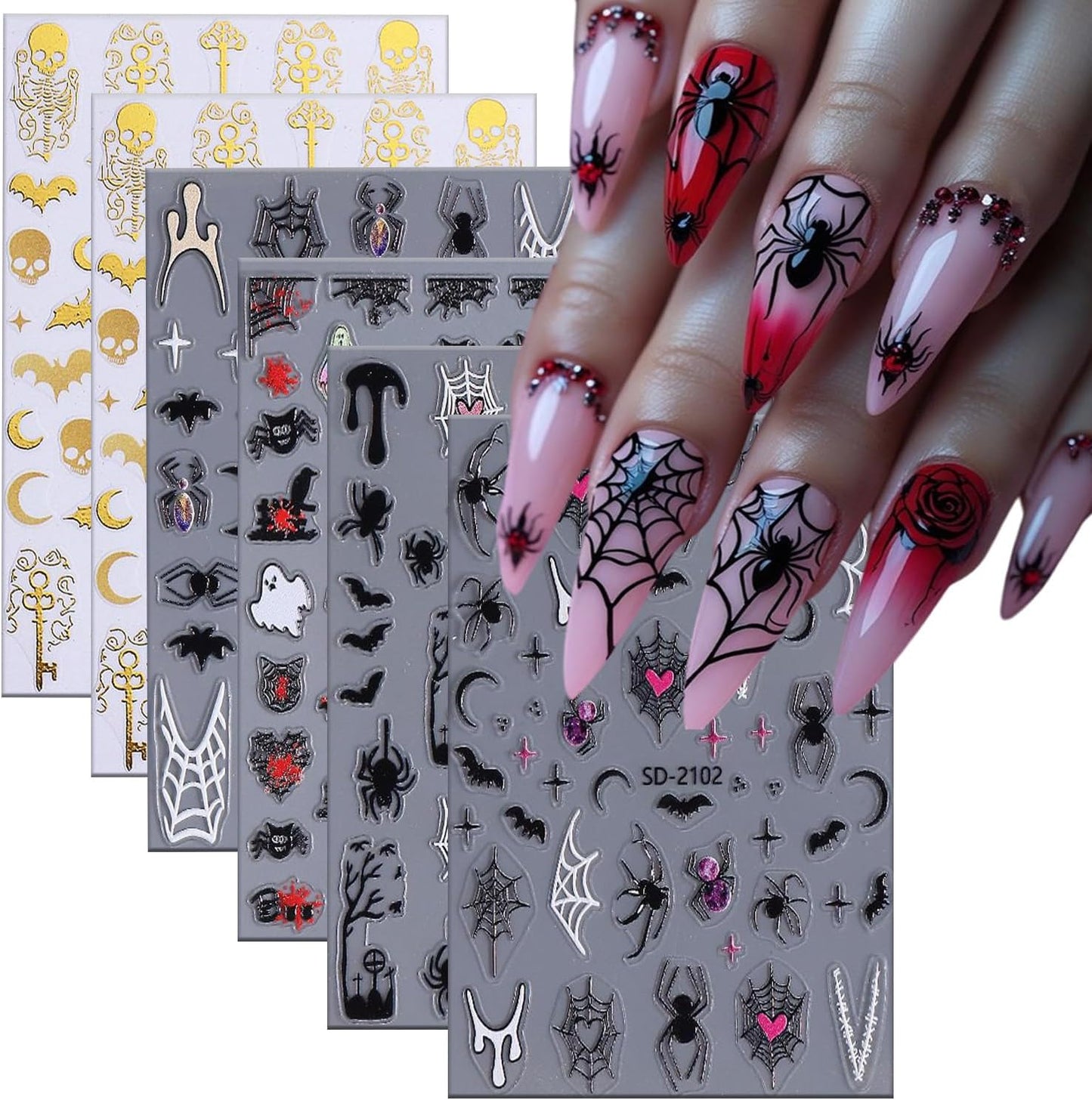 6 Sheets Halloween Nail Art Stickers 3D Self -Adhesive Ghost Bat Spider Nail Decals Holographic Spider Web Skeleton Blood Drop Nail Stickers Halloween Nail Decoration for Women Manicure Supplies-Velvo Beauty