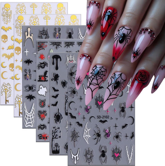 6 Sheets Halloween Nail Art Stickers 3D Self -Adhesive Ghost Bat Spider Nail Decals Holographic Spider Web Skeleton Blood Drop Nail Stickers Halloween Nail Decoration for Women Manicure Supplies-Velvo Beauty