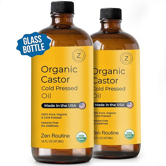 Zen Routine Organic Castor Oil (Glass Bottle - 16oz / 2-Pack) Hexane Free – Hair Growth Oil, Eye Lashes & Stomach, Pure 100% Cold Pressed Unrefined Castor Pack Wrap – USDA Certified, Made in the USA-Velvo Beauty