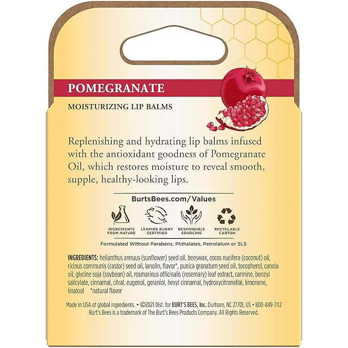 Burt's Bees Lip Balm - Pomegranate, Lip Moisturizer With Responsibly Sourced Beeswax, Tint-Free, Natural Origin Conditioning Lip Treatment, 4 Tubes, 0.15 oz.-Velvo Beauty