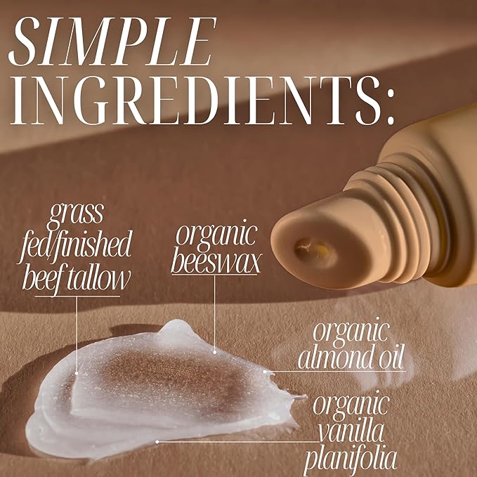 All Natural Tallow Lip Balm Squeezable Tube - Grass Fed/Finished Beef Tallow + Organic Beeswax & Vanilla Essential Oil .5 OZ (Vanilla Dream)-Velvo Beauty