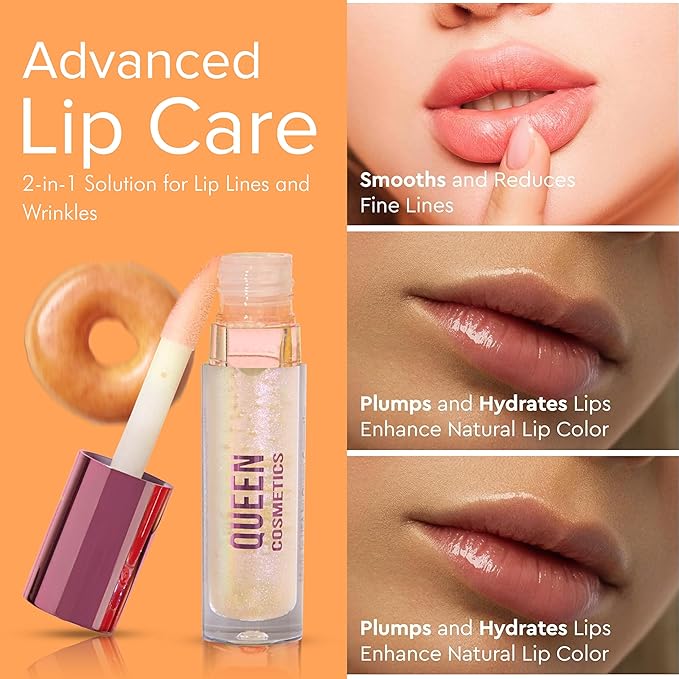 Queen Cosmetics Lip Plumper Gloss, 0.5 Fl Oz. High Shine Finish, Long Lasting Paraben Free Hyaluronic Acid & Vegan - Hydrating Lip Gloss & Moisturizing Mega Volume Lip Plumping Gloss (Glazed Donut)-Velvo Beauty