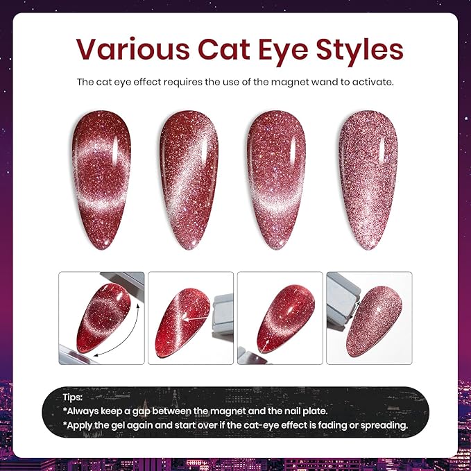 Beetles Cat Eye Gel Nail Polish Set 6 Colors Glitter Red Purple Blue Nail Polish with Magnet Spring Gel Polish Soak Off U V Led Gifts for Women Girls Salon DIY Home-Velvo Beauty