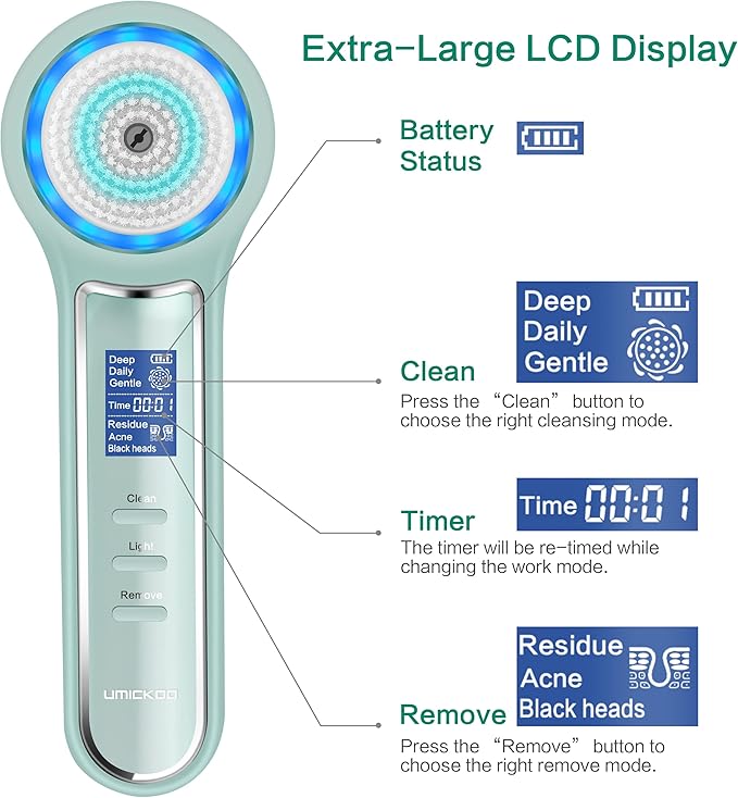 Face Scrubber Exfoliator,Facial Cleansing Brush Waterproof with LCD Screen,Blackhead Remover Vacuum with 5 Brush Heads,Face Spin Brush for Exfoliating (Green)-Velvo Beauty