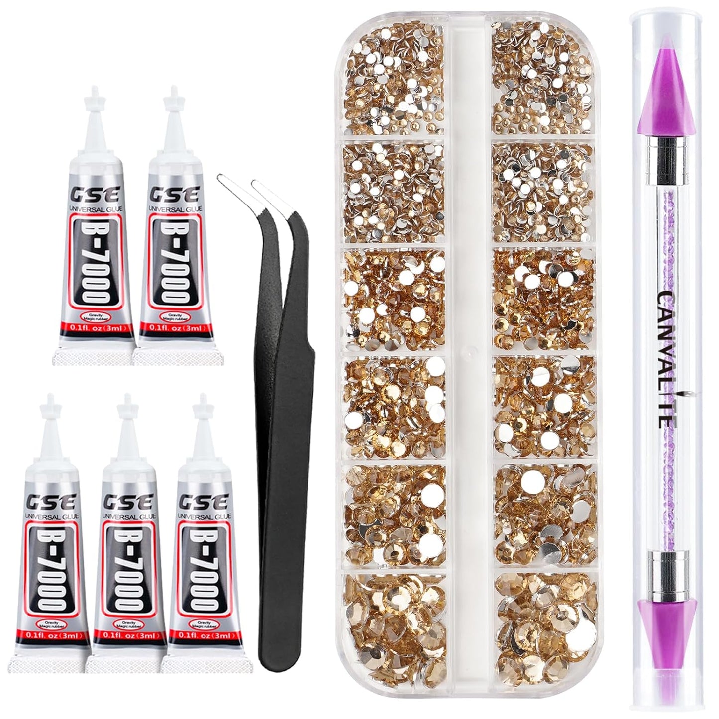 Canvalite 2784Pcs Champagne Rhinestones Flat Back Gems, Nail Rhinestones Gems with Jewelry Glues Pick Up Tweezers and Rhinestone Picker Dotting Pen, Nail Art Tools for Nails, Clothes, Face, Craft-Velvo Beauty
