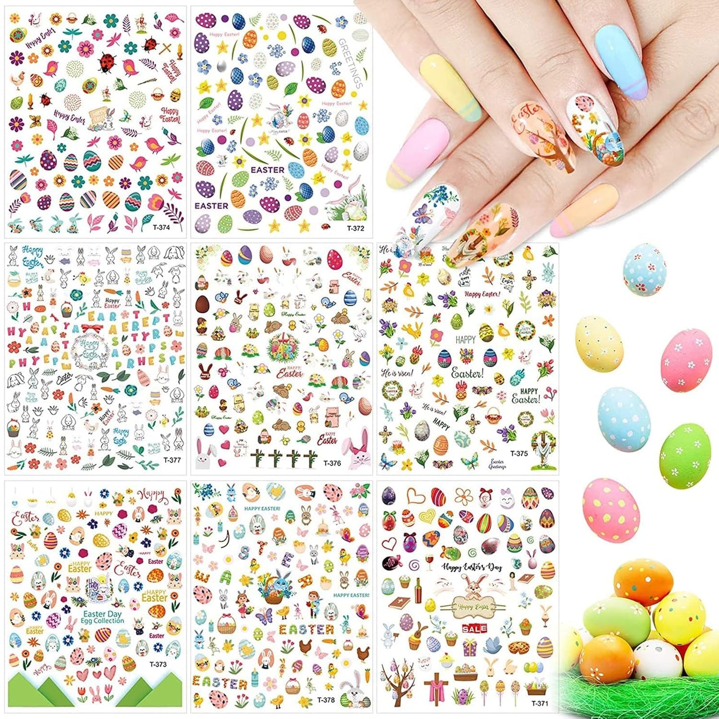 Kalolary 8 Sheet Easter Nail Art Stickers Self Adhesive Easter Nail Stickers DIY Nail Decals Bunny Eggs Chick Rabbits Flower Nail Design Sticker Nail Decoration for Women Girls Kids-Velvo Beauty