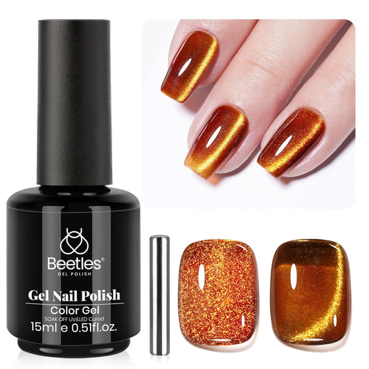 Beetles Brown Cat Eye Gel Nail Polish - Amber Glint Cat Eye Gel Polish, 15ML Fall Brown Gold Powder Magnetic Glitter Gel Polish Soak Off UV French Nail Art Salon DIY Manicure Gift for Women-Velvo Beauty