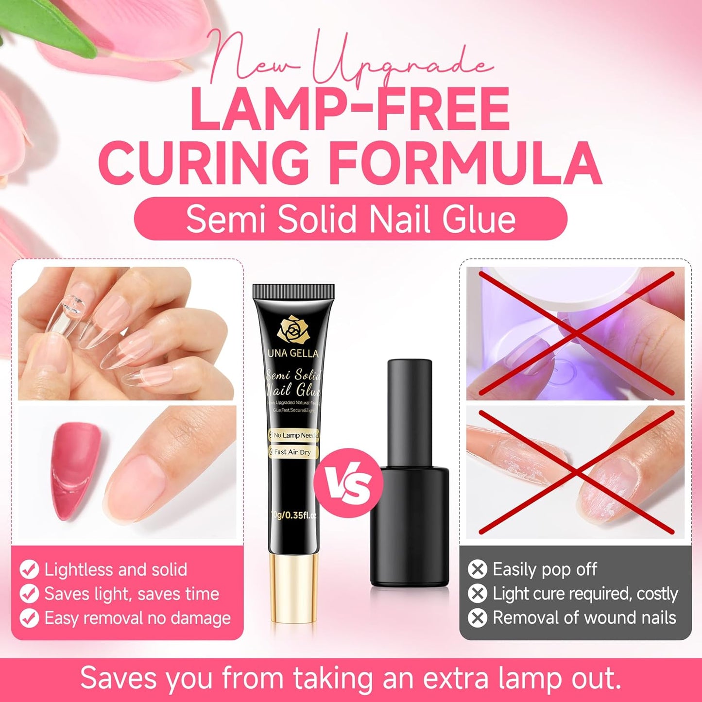 UNA GELLA No Lamp Need Solid Nail Glue for Press Ons: Nails Acrylic Nails Super Strong Semi Nail Glue Gel Fast Curing 10ml*2pcs Long Lasting Gel Glue Kit-Velvo Beauty