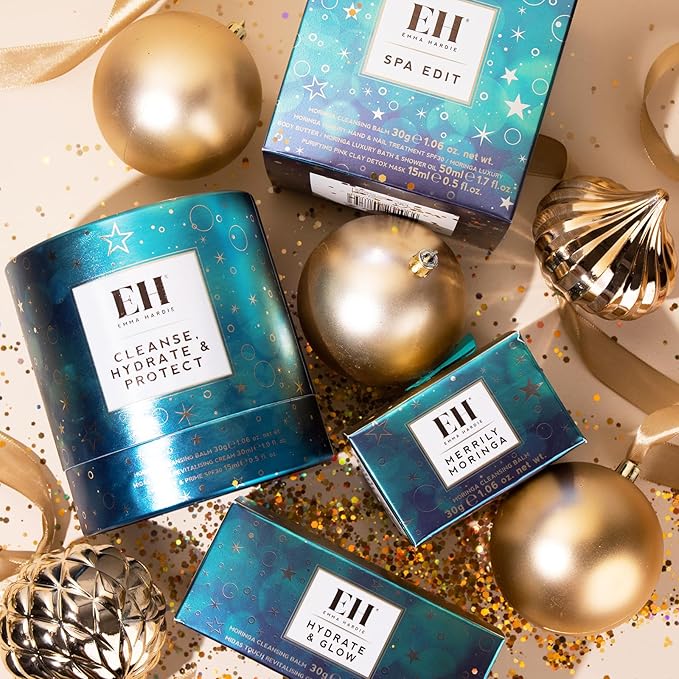 Emma Hardie Cleanse, Hydrate & Protect Gift Set: 30ml Moringa Cleansing Balm, 30ml Midas Touch Revitalising Cream & 15ml Protect & Prime SPF30 Sunscreen Face Moisturiser, Natural & Cruelty Free-Velvo Beauty