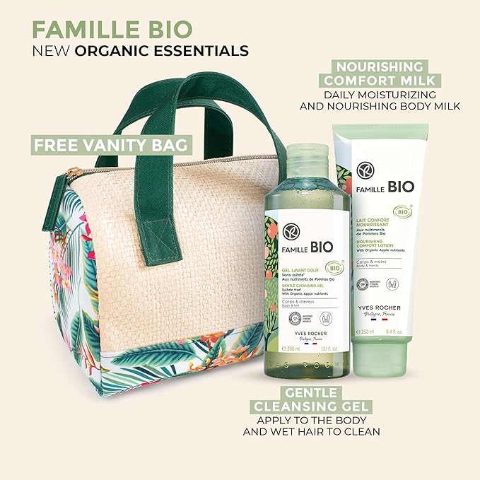 Yves Rocher Famille BIO Organic Cleansing Gel & Nourishing Comfort Milk Gift Set, Includes Vanity Bag, Apple Extract Botanical Formula, Organic Skin Care Products for Kids & Families-Velvo Beauty