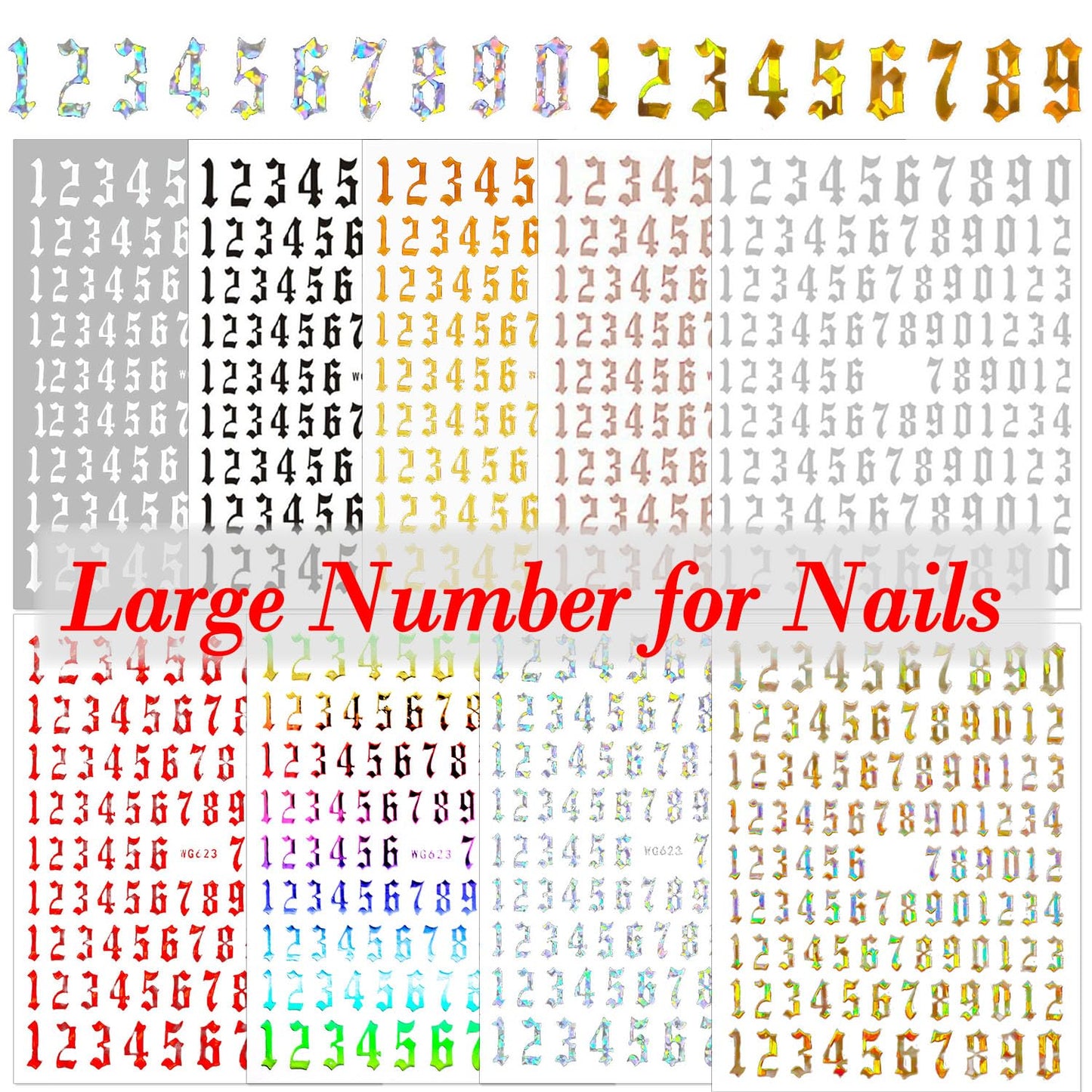 SILPECWEE 9 Sheets Number Nail Stickers Tips 3D Laser Nail Decals for Women Self Adhesive Nail Art Stickers Manicure Design Sticker Nails Decoration with 1Pc Tweezers-Velvo Beauty