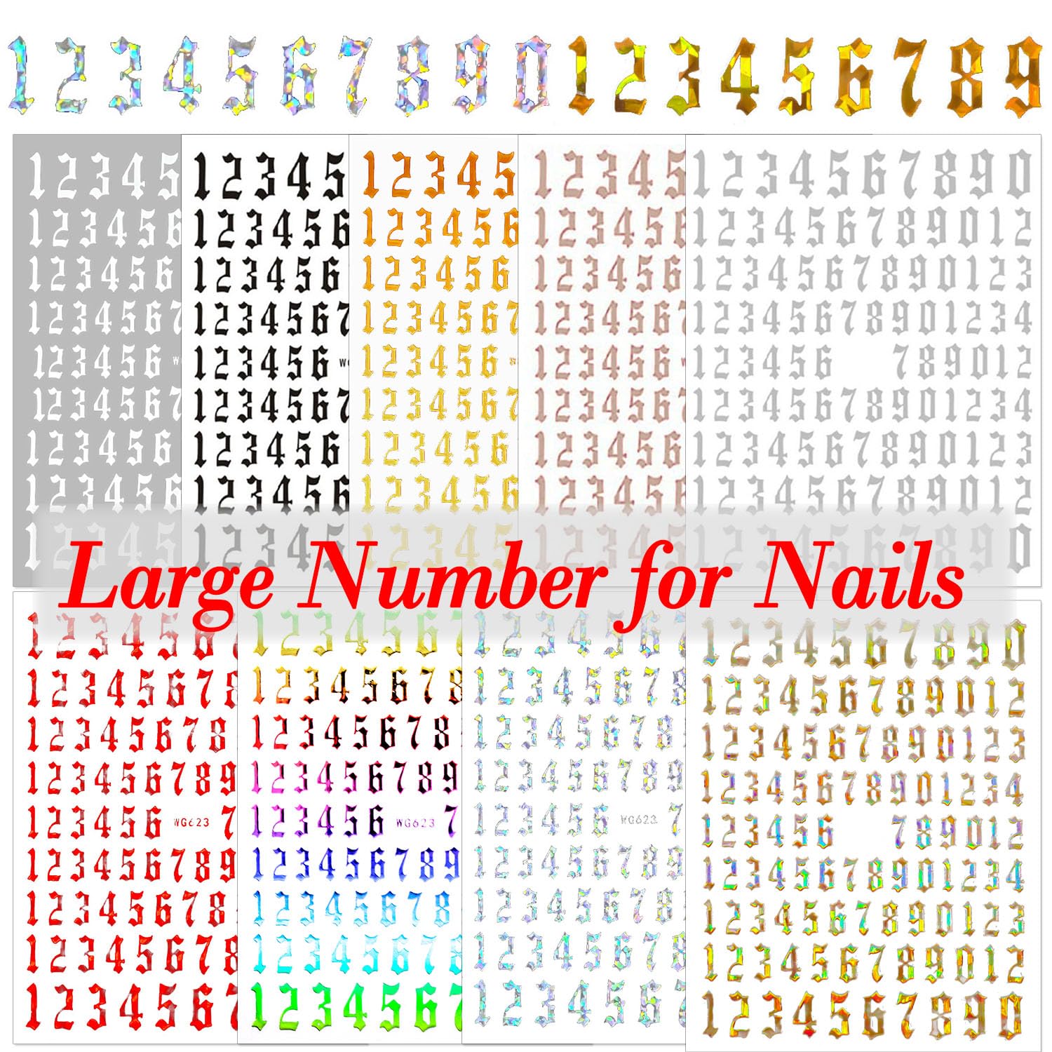 SILPECWEE 9 Sheets Number Nail Stickers Tips 3D Laser Nail Decals for Women Self Adhesive Nail Art Stickers Manicure Design Sticker Nails Decoration with 1Pc Tweezers-Velvo Beauty