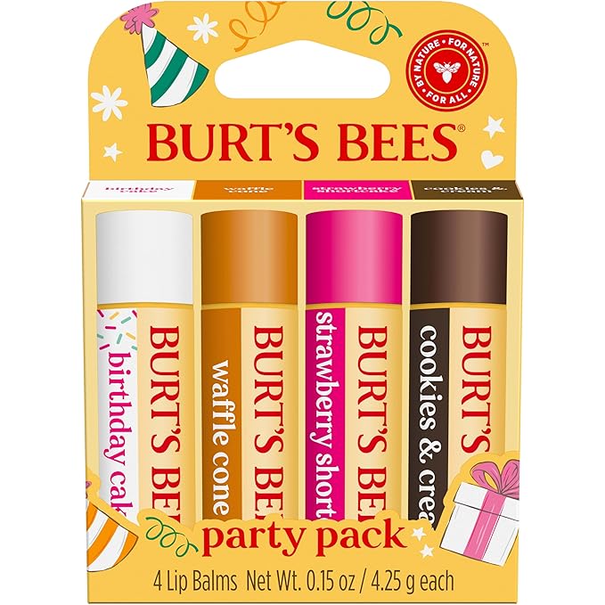 Burt's Bees Lip Balm Party Pack - Birthday Cake, Waffle Cone, Strawberry Shortcake, and Cookies & Cream, All Day Moisturizer, Tint-Free, Natural Origin Conditioning Lip Treatment, 4 Tubes, 0.15 oz.-Velvo Beauty