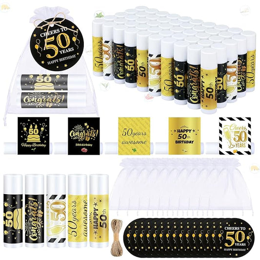 50 Sets Birthday Favors Lip Balm Gifts Bulk Moisturizing Lip Balm with 50 Organza Drawstring Gift Bag 50 Tags Birthday Party Supplies Gifts Bulk for Men and Woman (50th Birthday)-Velvo Beauty