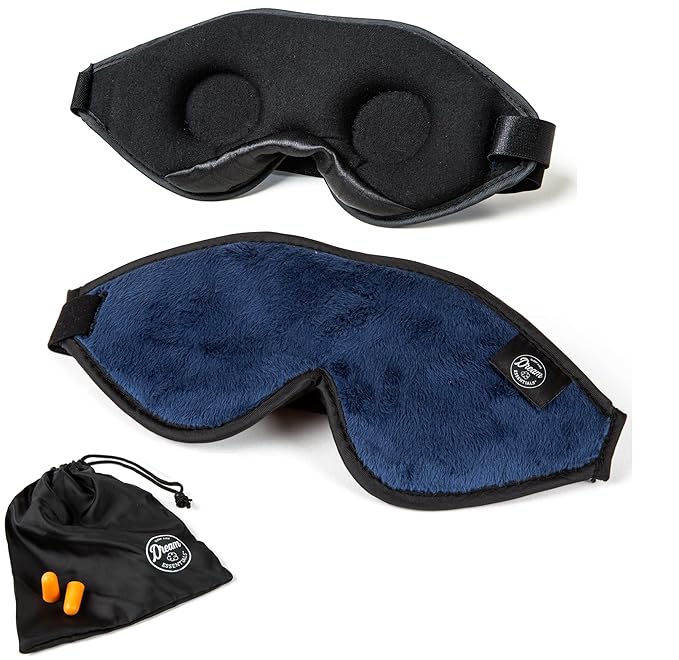 Dream Essentials, Escape 3D Sleep Mask, Earplugs, Carry Pouch Set, Molded Eye Shade, Men and Women, Contoured, Nose Bridge, Light Block, Memory Foam, Gift Set, Travel, Yoga, Blindfold, Navy Blue-Velvo Beauty