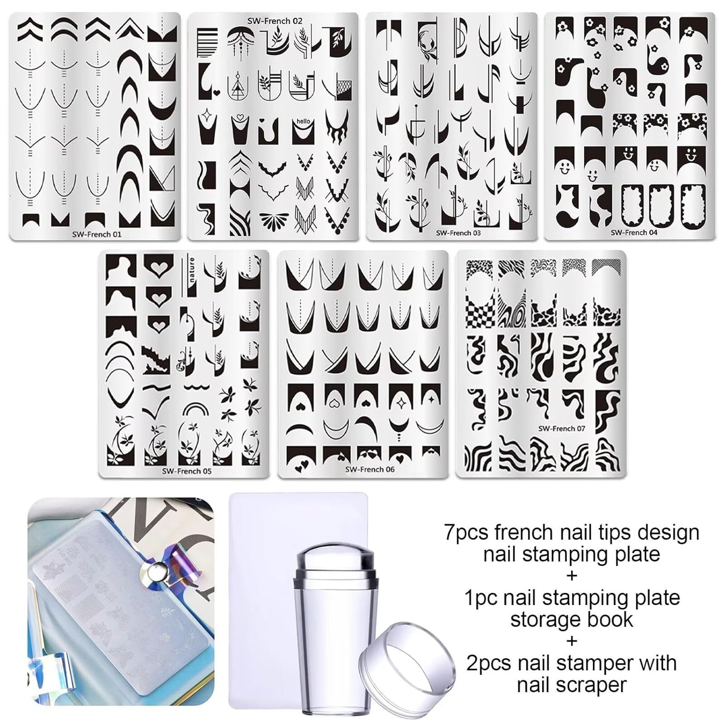 French Tip Nail Stamping Plate- 10 pcs Nail Stamper Kit Silicone Nail Stamper French Nail Stamp with Nail Art Stamps Storage Bag Nail Stamp Template Nail Supplies for Salon DIY-Velvo Beauty