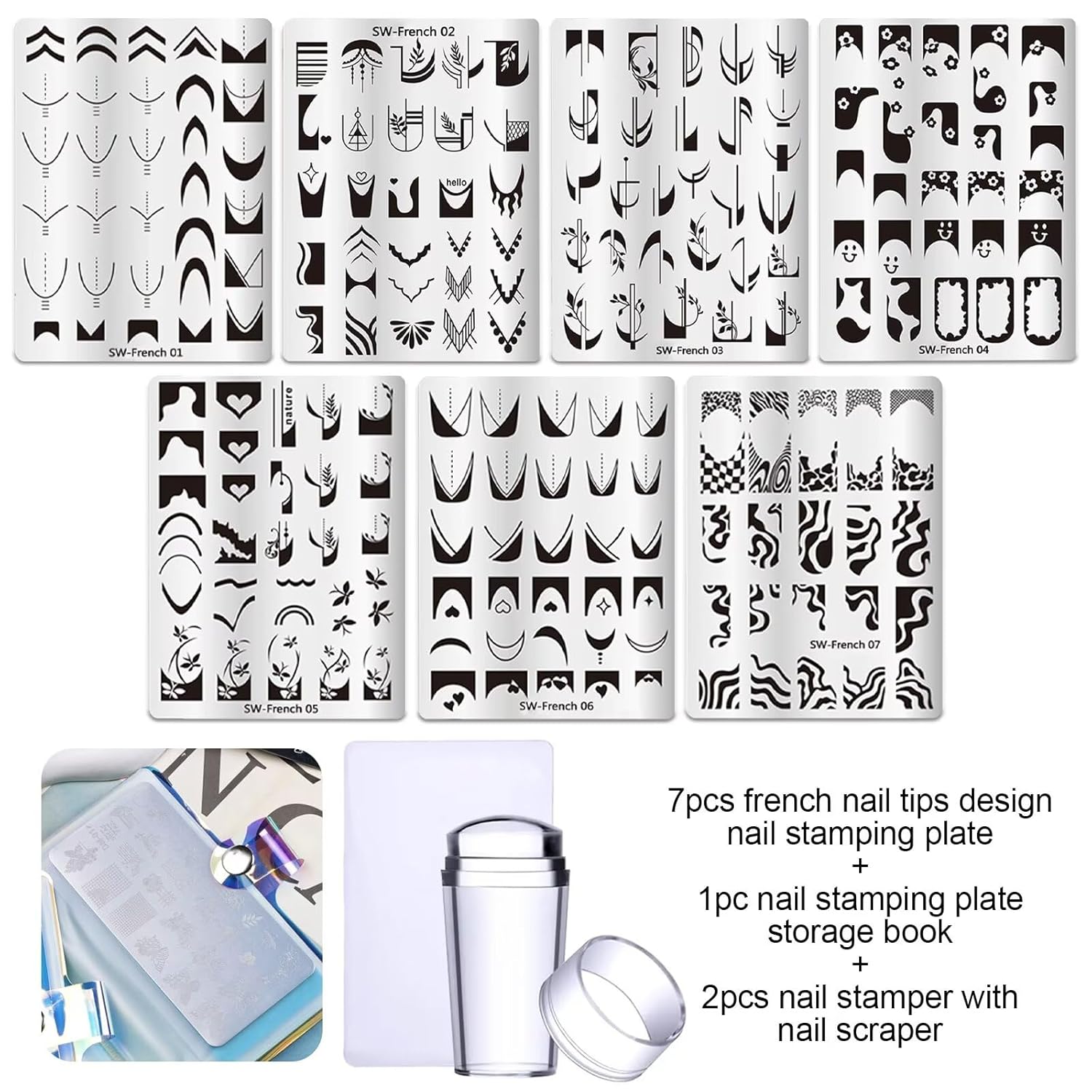 French Tip Nail Stamping Plate- 10 pcs Nail Stamper Kit Silicone Nail Stamper French Nail Stamp with Nail Art Stamps Storage Bag Nail Stamp Template Nail Supplies for Salon DIY-Velvo Beauty