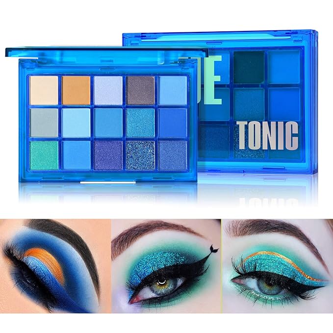 UCANBE Bright Neon Eyeshadow Makeup Palette-15 Shades High Pigmented Purple Blue Yellow Shimmer Matte Glitter Metallic Eyes Shadow Colorful Vibrant Creamy Make Up Pallets Kit - Blue Tonic…-Velvo Beauty