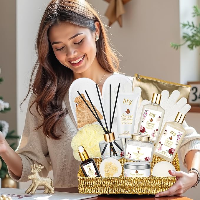 Mothers Day Gifts for Mom Spa Gift Basket Set for Women 17-Piece Almond Luxury Spa Gift Set Bath & Body Care Kit with Shower Gel, Body Cream | Valentine's, Christmas, Birthday Gifts for Her, Wife, Mom-Velvo Beauty