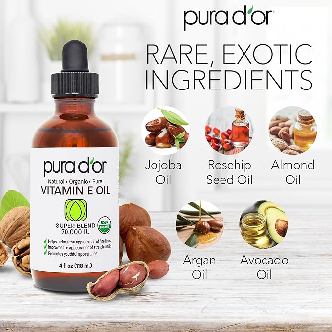 PURA D'OR 4 Oz ORGANIC Vitamin E Oil Blend - 100% Natural Hexane Free, Sweet Almond, Apricot, Jojoba, Argan, Rosehip, Sunflower & Avocado Bath Oil For Scars, Skin, Face & Full Body-Velvo Beauty