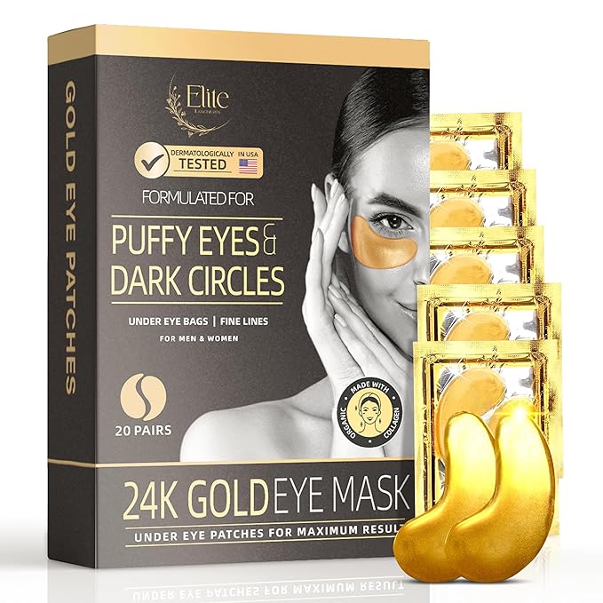24k Gold Eye Mask - Under Eye Patches for Dark Circles, Puffiness, and Wrinkles - 20 Gold Eye Patches for Puffy Eyes with Collagen and Amino Acids for Intense Hydration and Firming-Velvo Beauty