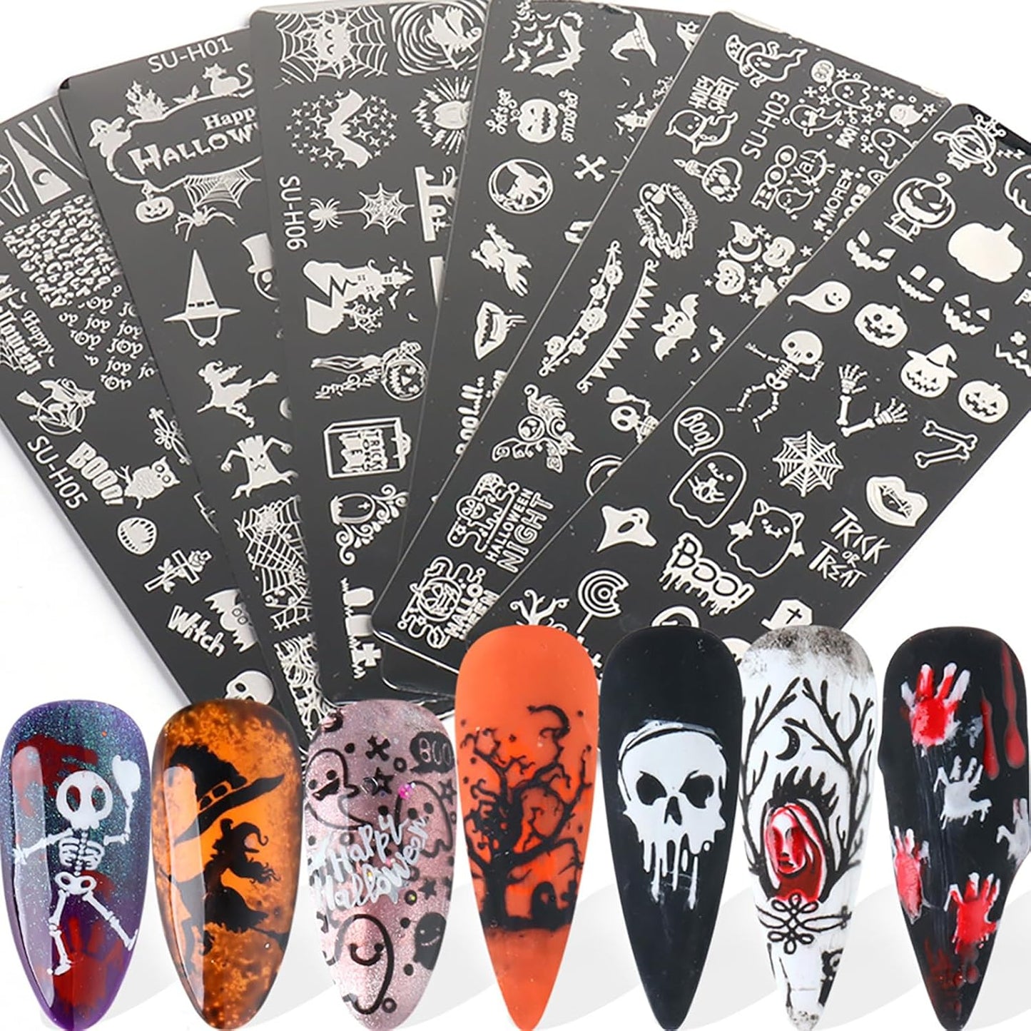 Halloween Nail Stamping Plate Art Stamping Kits DIY Printing Tools with Pumpkin Bat Witch Spider Owl Ghost Face Design Fashion Nail Stamp Art Decoration for Women 6Pcs-Velvo Beauty