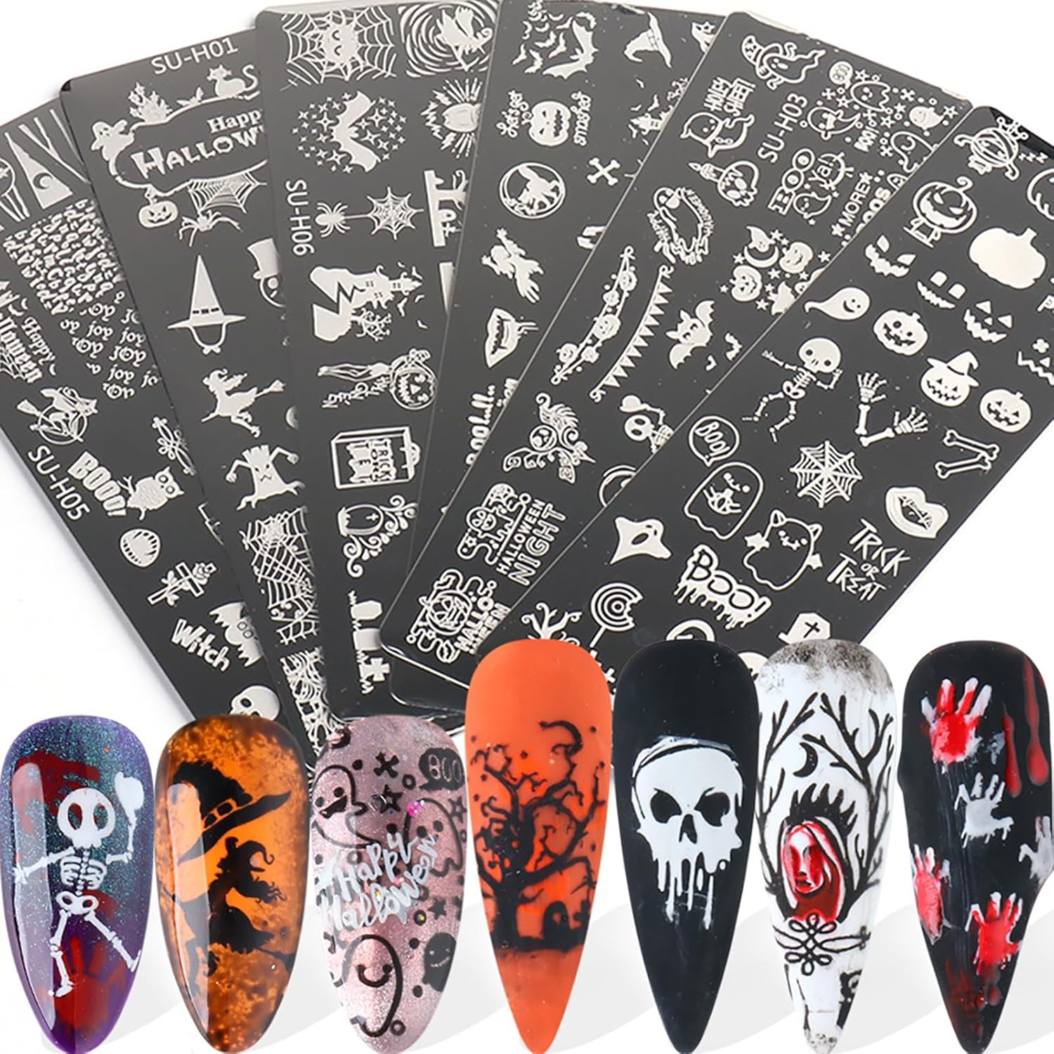 Halloween Nail Stamping Plate Art Stamping Kits DIY Printing Tools with Pumpkin Bat Witch Spider Owl Ghost Face Design Fashion Nail Stamp Art Decoration for Women 6Pcs-Velvo Beauty