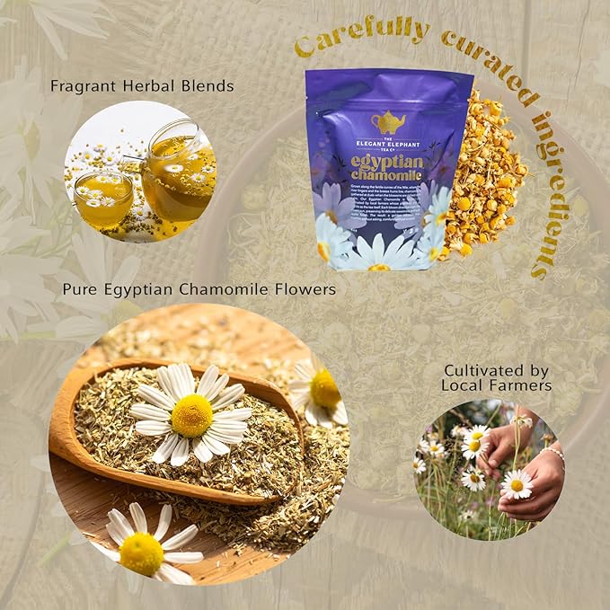Egyptian Chamomile Tea, Organic Loose Leaf Herbal Tea – Cozy, Calming – Supports Stress Relief, Relaxation & Sleep – 4 oz Resealable Bag (Makes 50 Cups) – The Elegant Elephant-Velvo Beauty