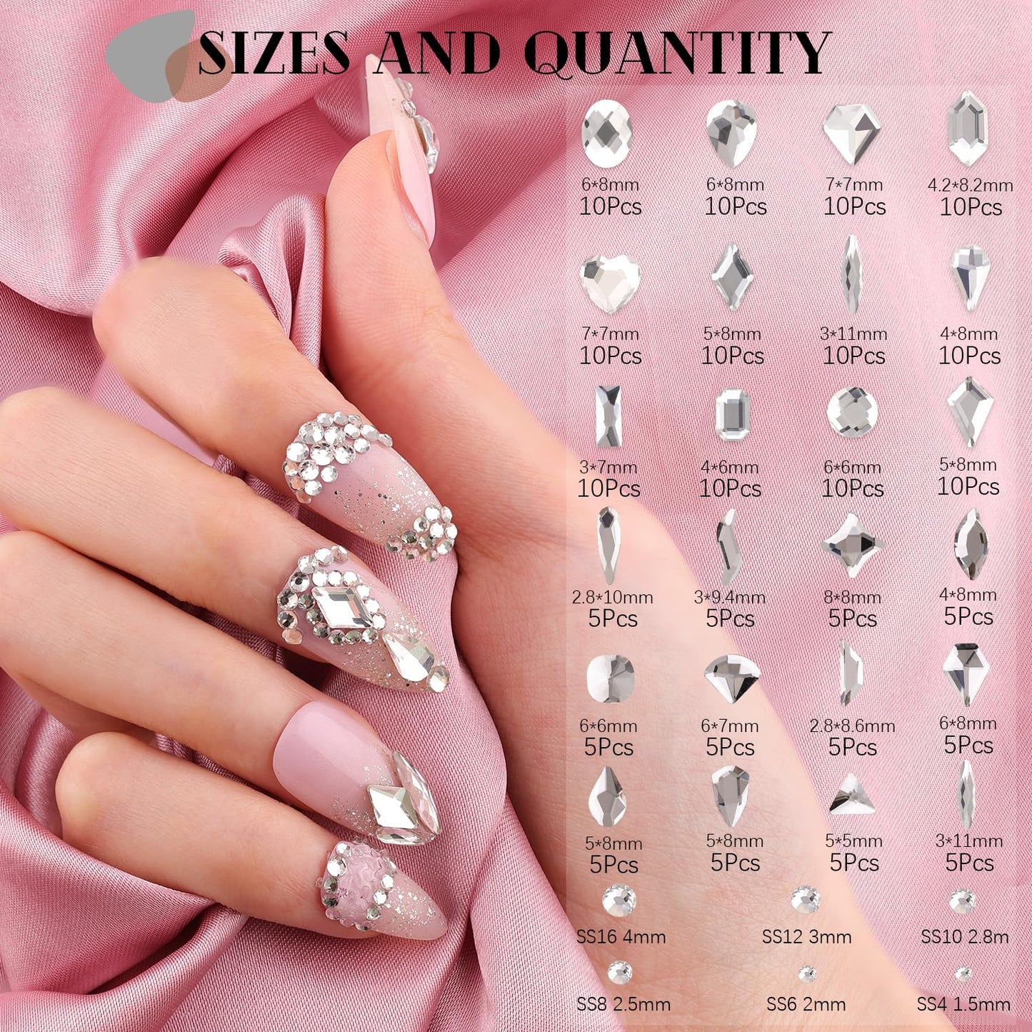 1680Pcs Silver Clear Nail Rhinestones 180Pcs Multi Shapes Glass Flatback Nail Gems + 1500Pcs 1.5-4mm Round Crystal with Rhinestones Glue Gel, Manicure Nail Charms Diamond Gemstones for Nail Art-Velvo Beauty
