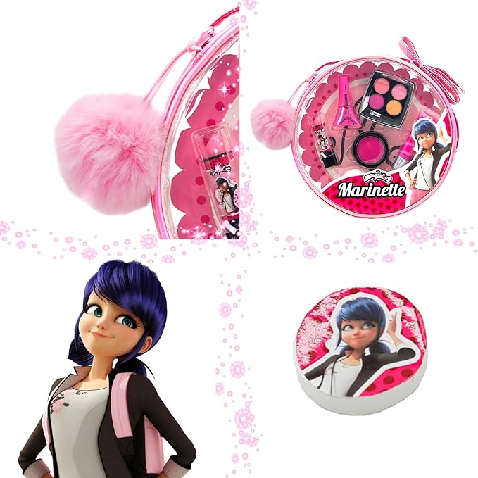 Miraculous Ladybug Kids Makeup Set - 10 Piece Bag with Nail Polish, Hair Chalk, Stickers & More - Safe, Non-Toxic Pretend Play Cosmetics - Marinette Themed Makeup Kit for Children-Velvo Beauty