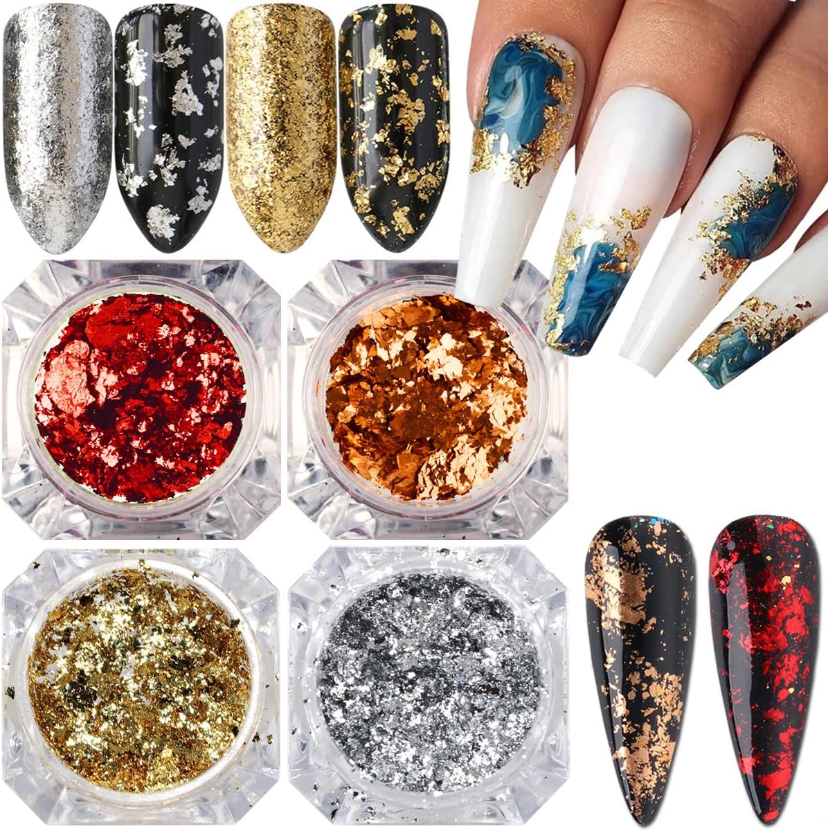 Holographic Glitter Nail Foil Flakes 3D Sparkly Aluminum Foil Sequins Nail Art Supplies Rose Gold Red Silver Glitter Foils Flake Mirror Powder Nail Designs for Acrylic Nail Art Decoration (4Boxes)-Velvo Beauty